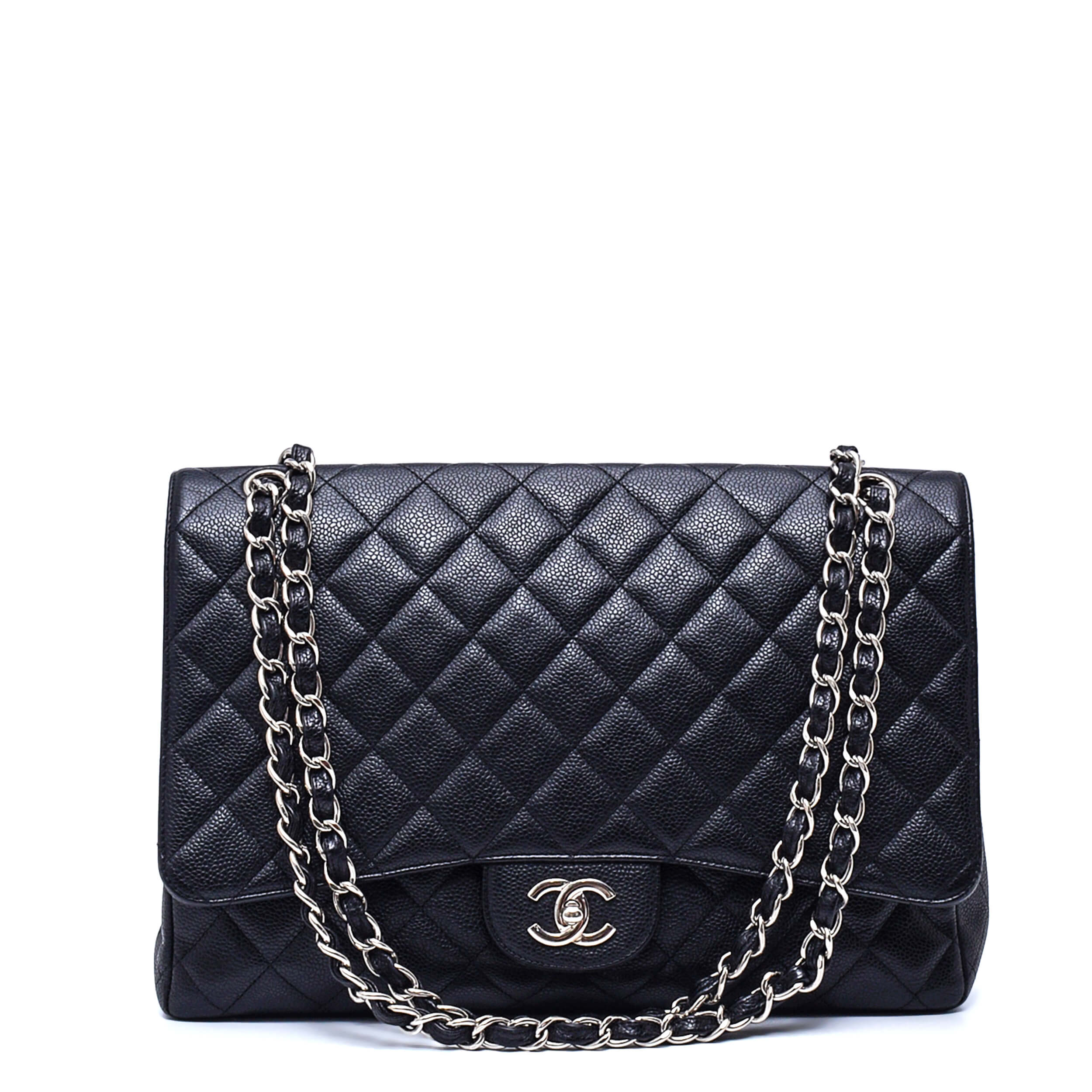 Chanel - Black Quilted Caviar Leather Maxi Single Flap Bag